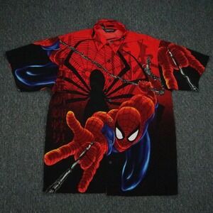 VINTAGE Changes Shirt Mens Medium Red‎ Black Spiderman All Over AOP Short Sleeve